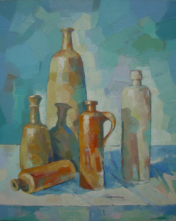 Painting titled "Bouteilles" by Gérard Cottereau, Original Artwork, Oil