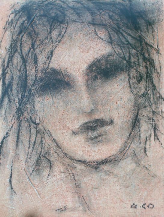 Drawing titled "Visage" by Gérard Cottereau, Original Artwork, Chalk