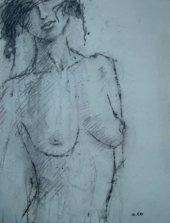 Drawing titled "Buste" by Gérard Cottereau, Original Artwork, Chalk