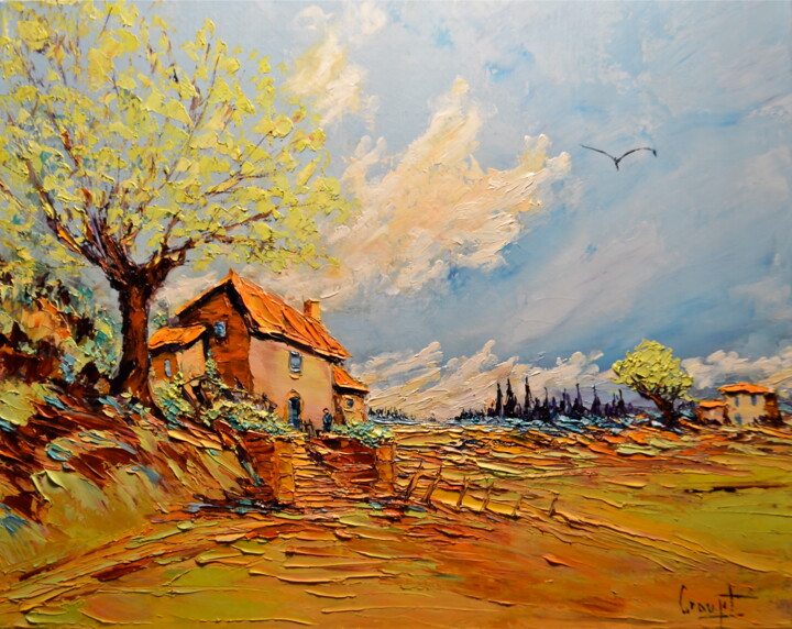 Painting titled "Automne" by Gérard Crouzet, Original Artwork, Oil Mounted on Wood Stretcher frame