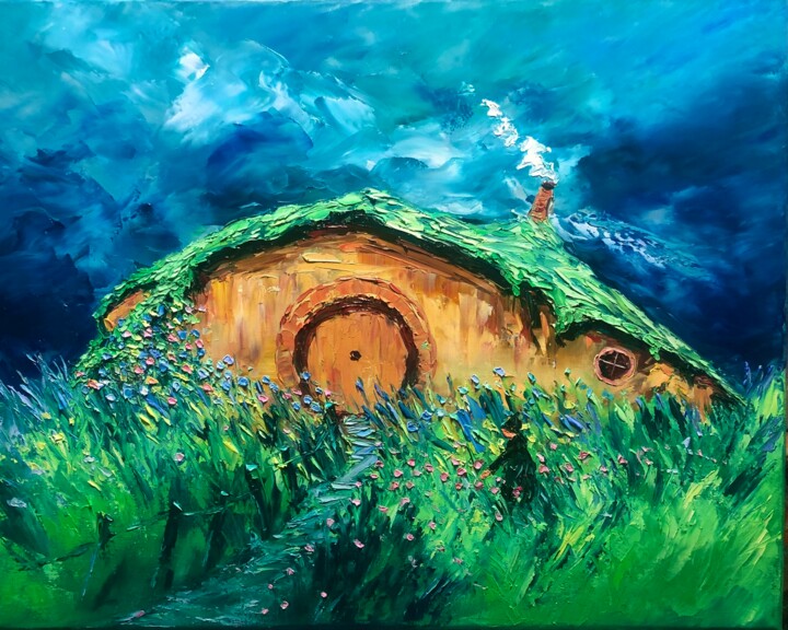 Pittura intitolato "Maison de Hobbit" da Gérard Crouzet, Opera d'arte originale, Olio Montato su Telaio per barella in legno