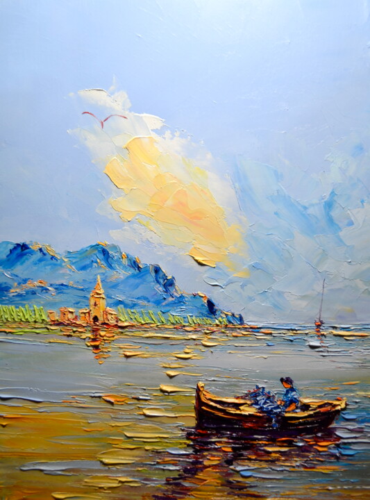 Painting titled "Barque marine" by Gérard Crouzet, Original Artwork, Oil Mounted on Wood Stretcher frame