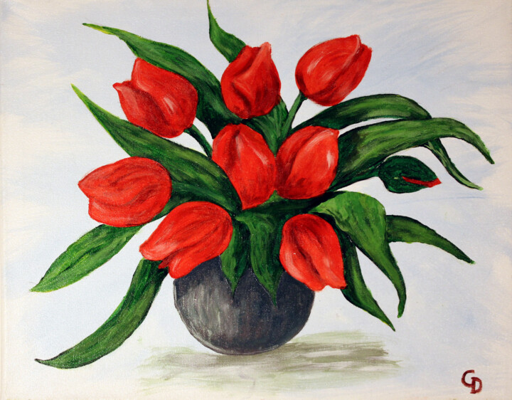 Painting titled "327 - Tulipes rouges" by Gdlapalette, Original Artwork, Acrylic Mounted on Wood Stretcher frame