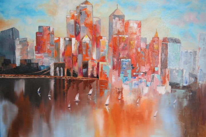 Painting titled "New York gratte-cie…" by Gerard Fayet, Original Artwork, Oil Mounted on Wood Stretcher frame