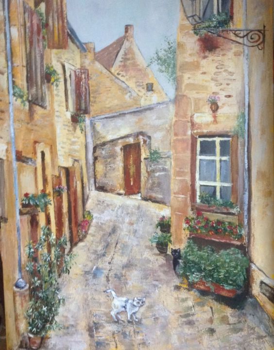 Peinture intitulée "La rue aux chats" par Josiane Barlerin, Œuvre d'art originale, Huile