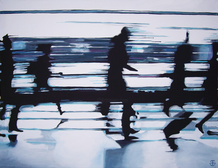 Painting titled "rush to the station" by Gerard Jouannet, Original Artwork, Acrylic Mounted on Wood Stretcher frame