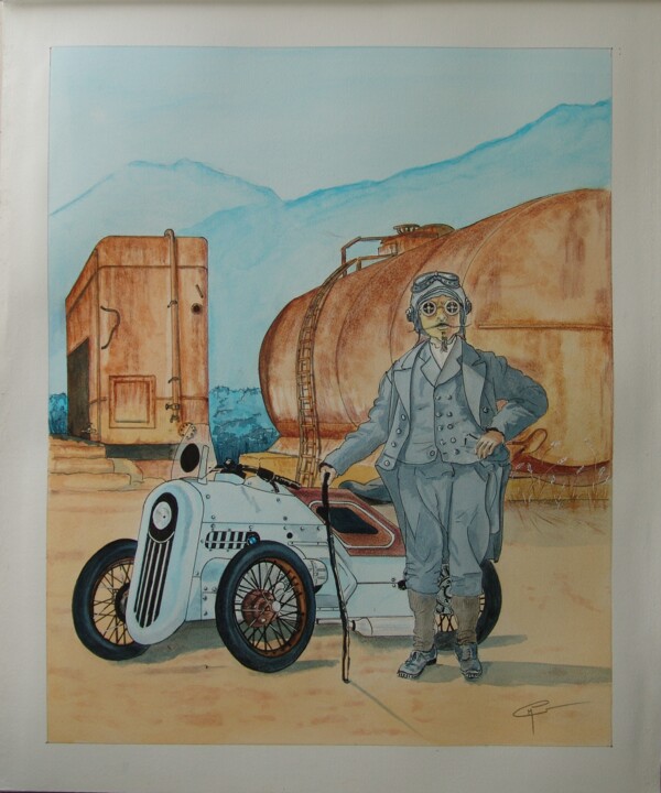 Drawing titled "dessin moto" by Gerard Marteau, Original Artwork, Watercolor
