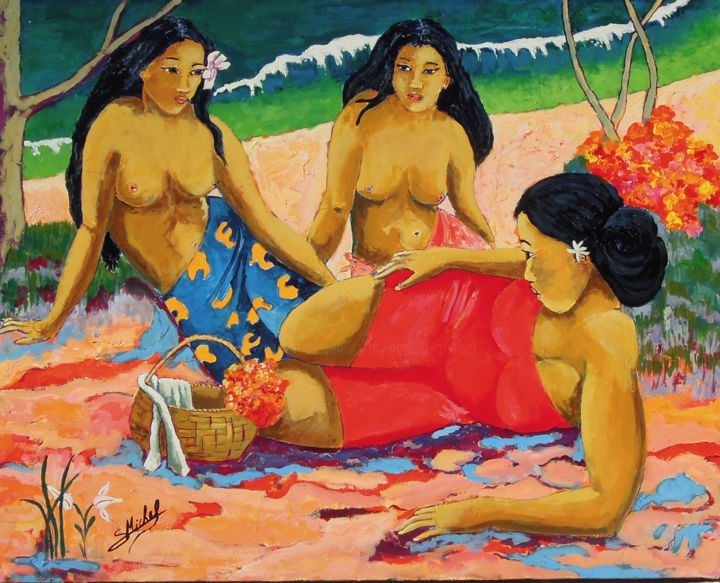 Painting titled "Te Mau Vahine No Te…" by Gérard Michel, Original Artwork, Acrylic Mounted on Wood Stretcher frame