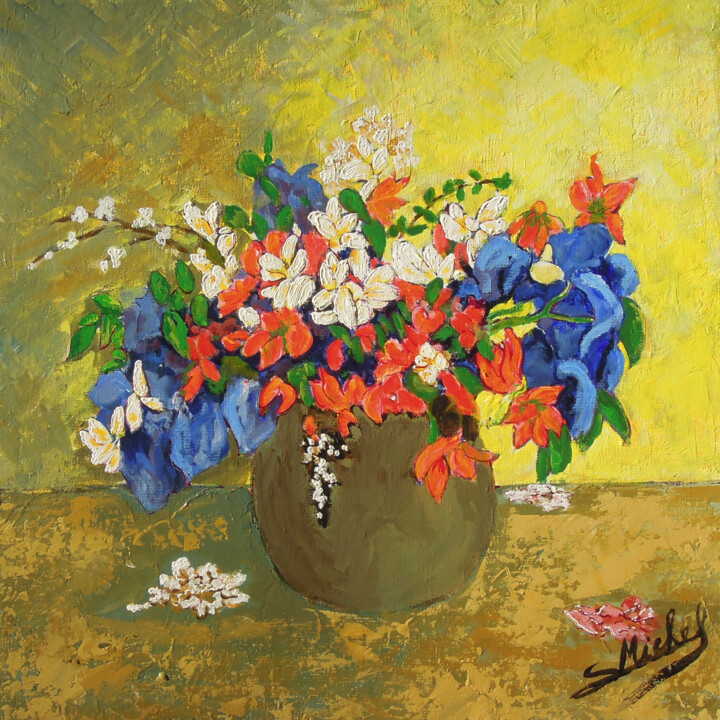 Painting titled "Fleurs avec vase" by Gérard Michel, Original Artwork, Acrylic Mounted on Wood Stretcher frame