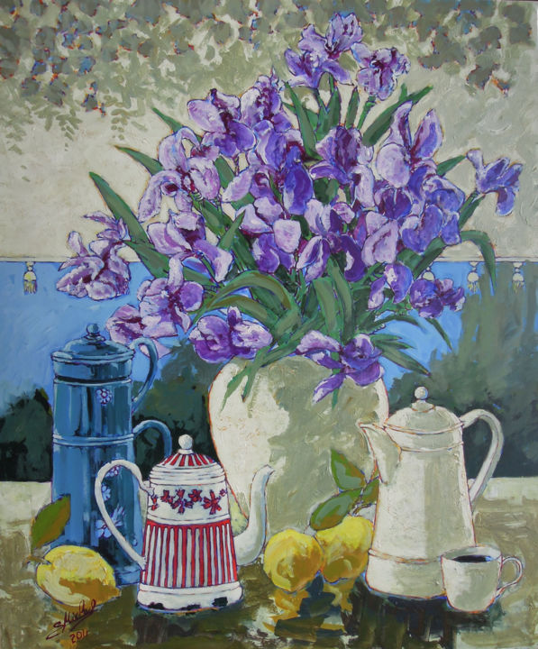 Malerei mit dem Titel "les iris" von Gérard Michel, Original-Kunstwerk, Acryl