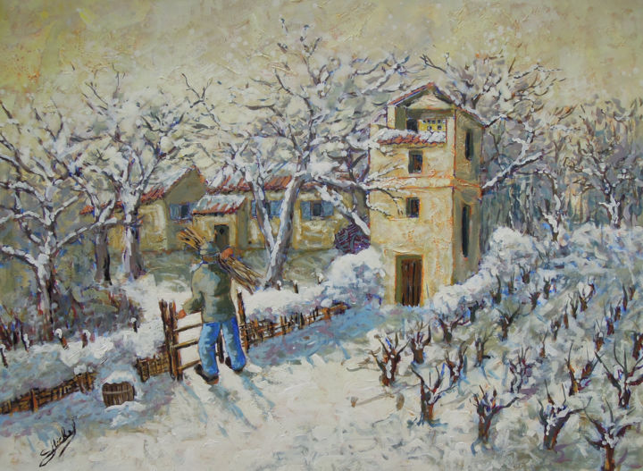 Pintura intitulada "Neige en provence" por Gérard Michel, Obras de arte originais, Acrílico