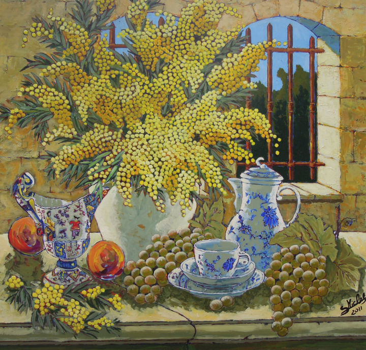 Malerei mit dem Titel "Mimosas" von Gérard Michel, Original-Kunstwerk, Acryl Auf Keilrahmen aus Holz montiert