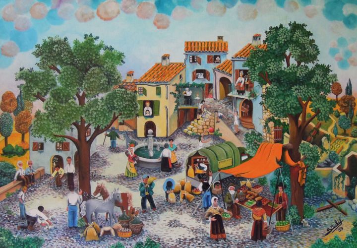 Malerei mit dem Titel "Le marché au village" von Gérard Michel, Original-Kunstwerk, Öl
