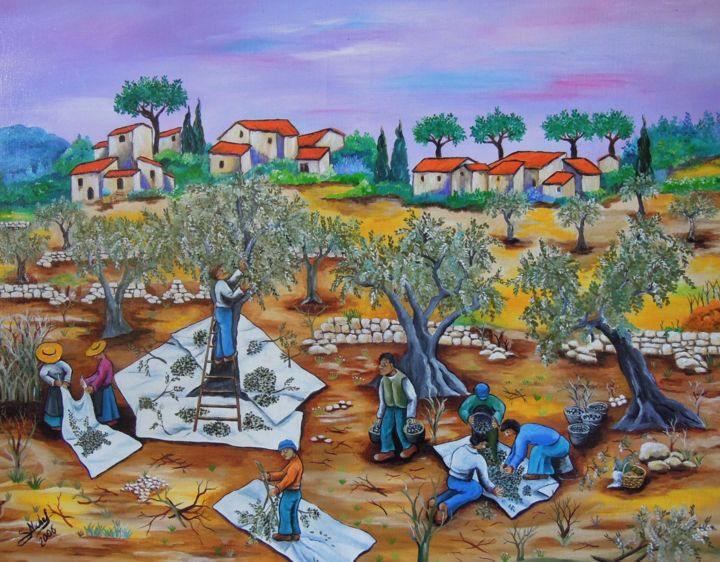 Painting titled "Ramassage des olives" by Gérard Michel, Original Artwork, Oil