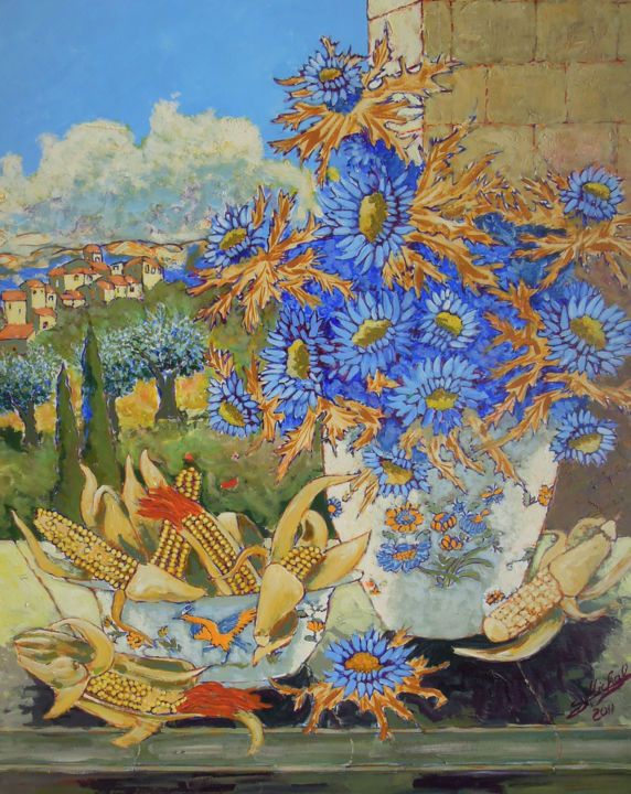 Painting titled "Chardon et maïs" by Gérard Michel, Original Artwork, Acrylic Mounted on Wood Stretcher frame