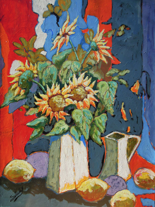 Malerei mit dem Titel "Tournesol n°2" von Gérard Michel, Original-Kunstwerk, Öl Auf Keilrahmen aus Holz montiert