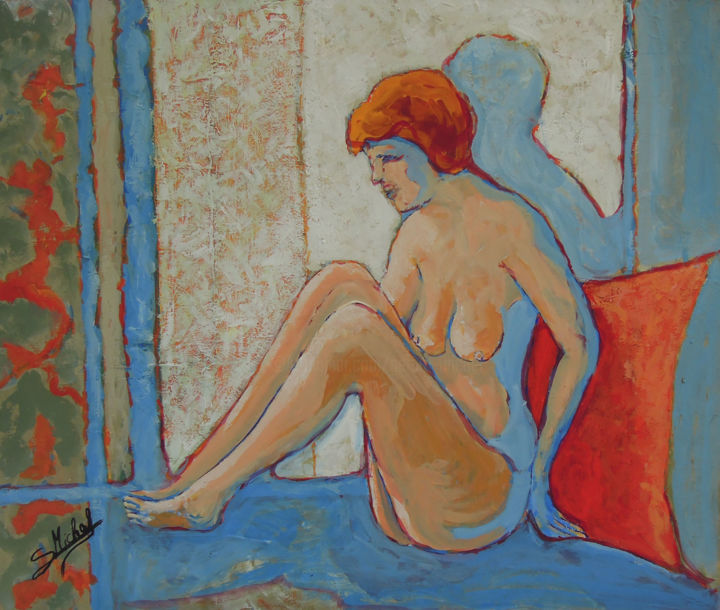 Malerei mit dem Titel "Nu au coussin rouge" von Gérard Michel, Original-Kunstwerk, Acryl Auf Keilrahmen aus Holz montiert