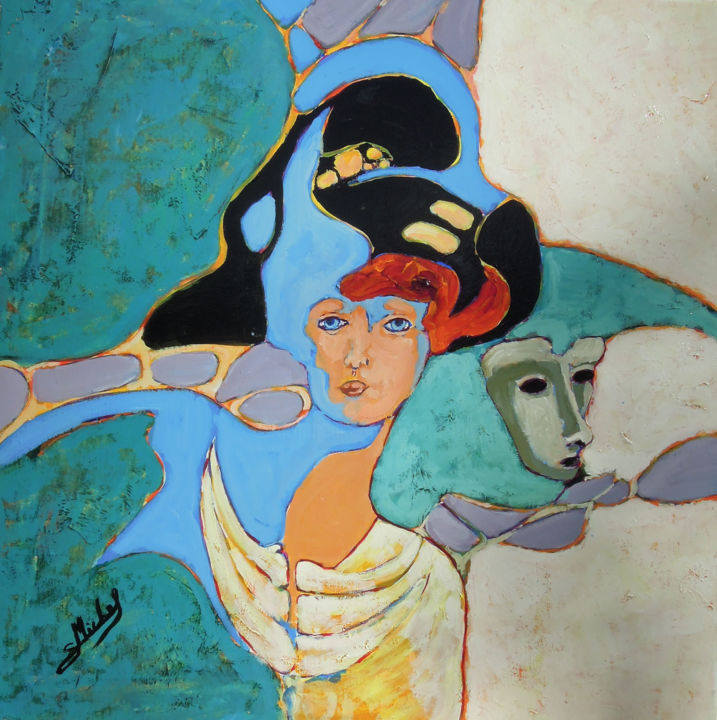 Картина под названием "le masque" - Gérard Michel, Подлинное произведение искусства, Акрил Установлен на Деревянная рама для…
