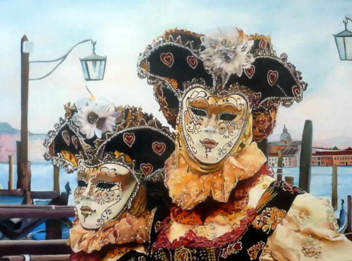 Peinture intitulée "venise en fête" par Gerard Monborren, Œuvre d'art originale, Huile Monté sur Châssis en bois