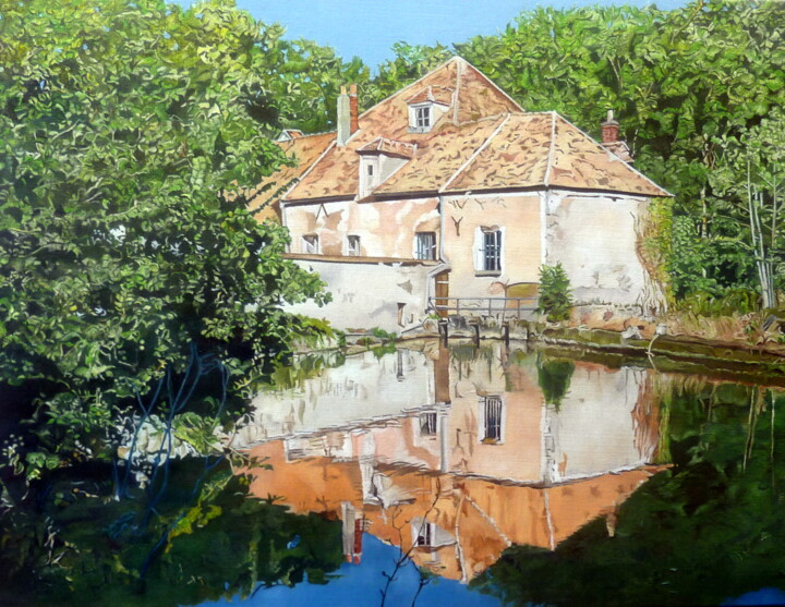 Painting titled "Moulin reflet" by Gerard Monborren, Original Artwork, Oil Mounted on Wood Stretcher frame