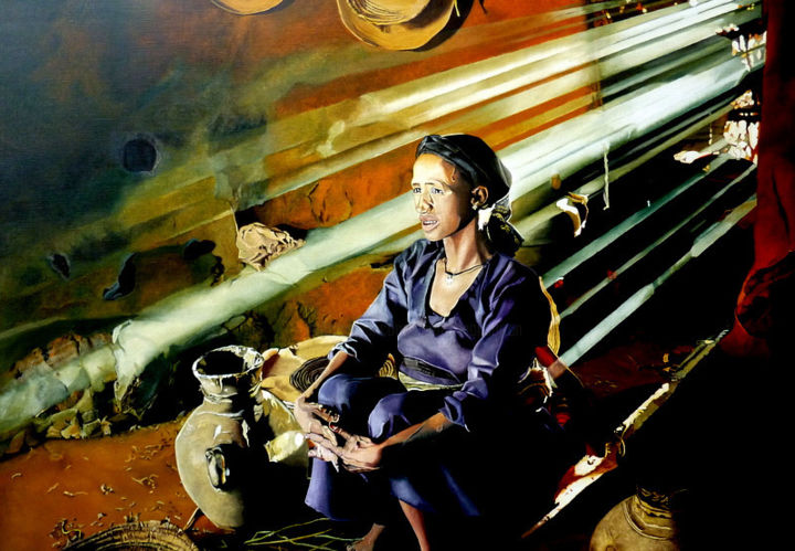 Painting titled "Femme dans la grotte" by Gerard Monborren, Original Artwork, Oil