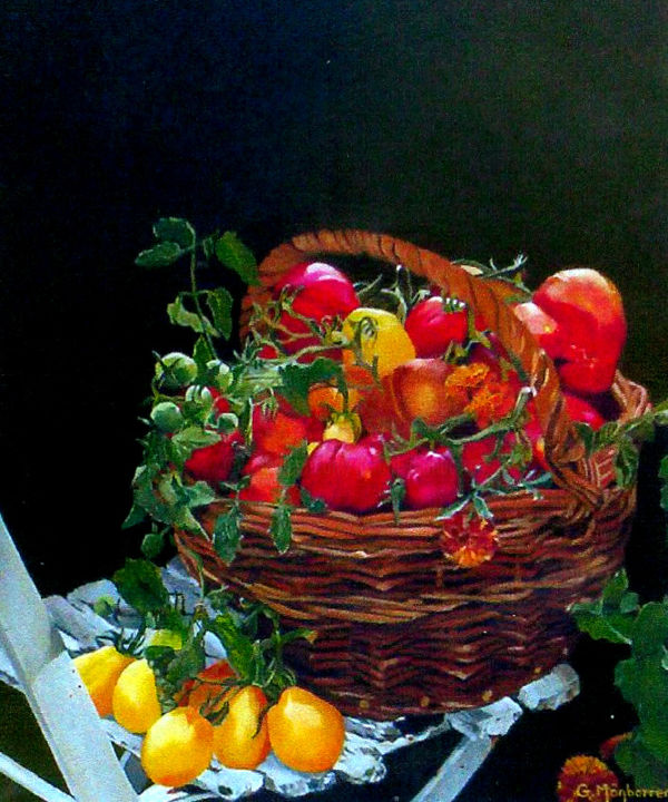 Painting titled "corbeille de fruits…" by Gerard Monborren, Original Artwork, Oil
