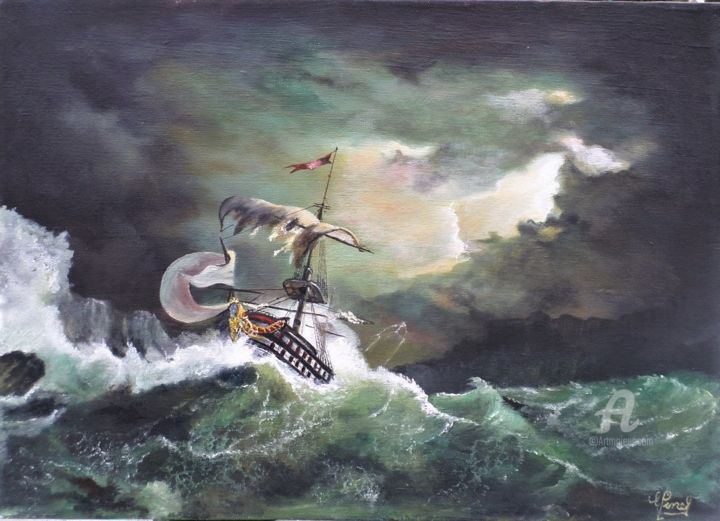Peinture intitulée "Navire face aux élé…" par Gérard Pinel, Œuvre d'art originale, Huile