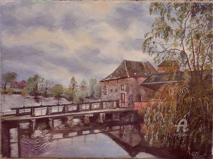 Peinture intitulée "Moulin à eau dans l…" par Gérard Pinel, Œuvre d'art originale, Huile