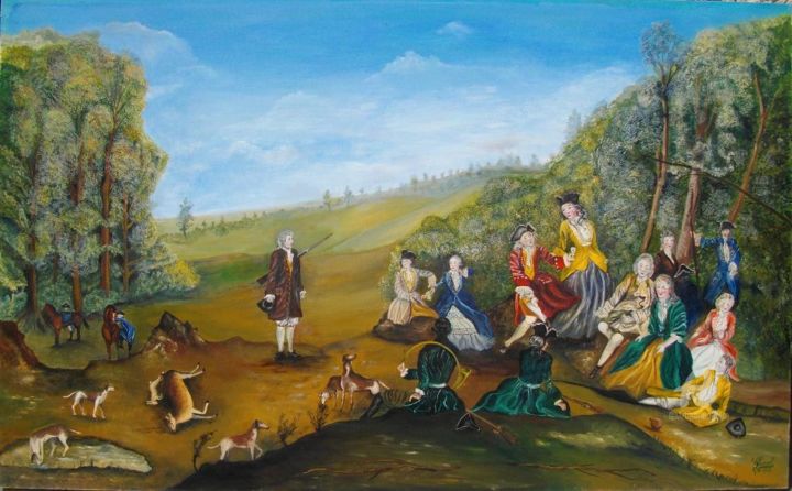Peinture intitulée "La Halte de chasse" par Gérard Pinel, Œuvre d'art originale, Huile