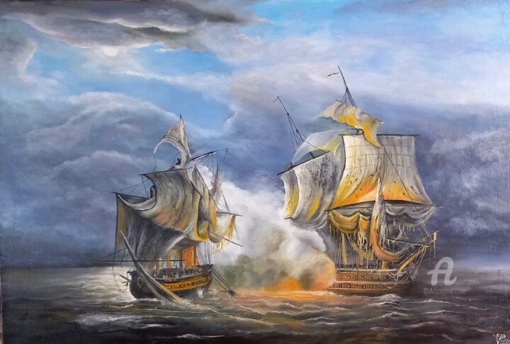 Painting titled "combat naval entre…" by Gérard Pinel, Original Artwork, Oil Mounted on Wood Stretcher frame