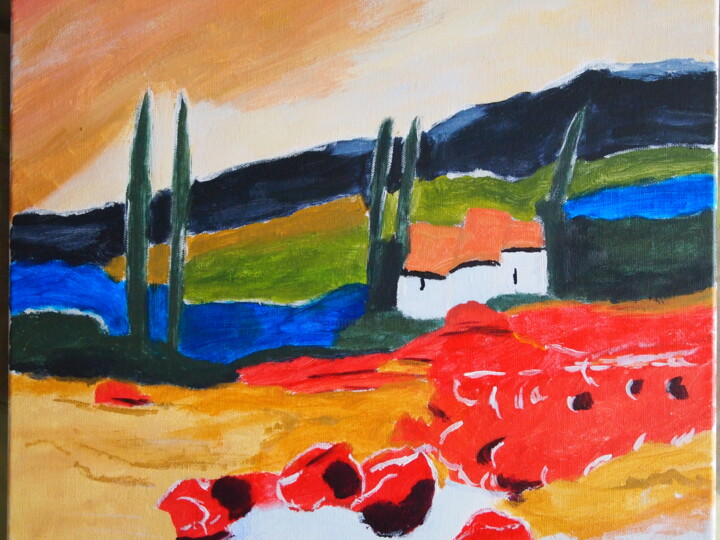 Peinture intitulée "champs de coquelico…" par Gerard Pompee, Œuvre d'art originale, Acrylique