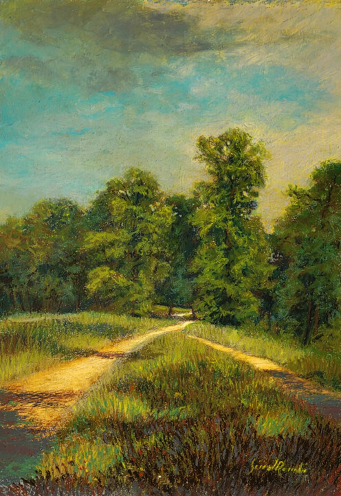 Drawing titled "LE CHEMIN" by Gérard Rombi, Original Artwork, Pastel Mounted on Cardboard