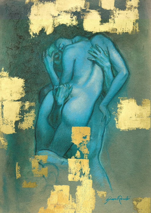 Drawing titled "BLEU PASSION ( sur…" by Gérard Rombi, Original Artwork, Pastel Mounted on Cardboard