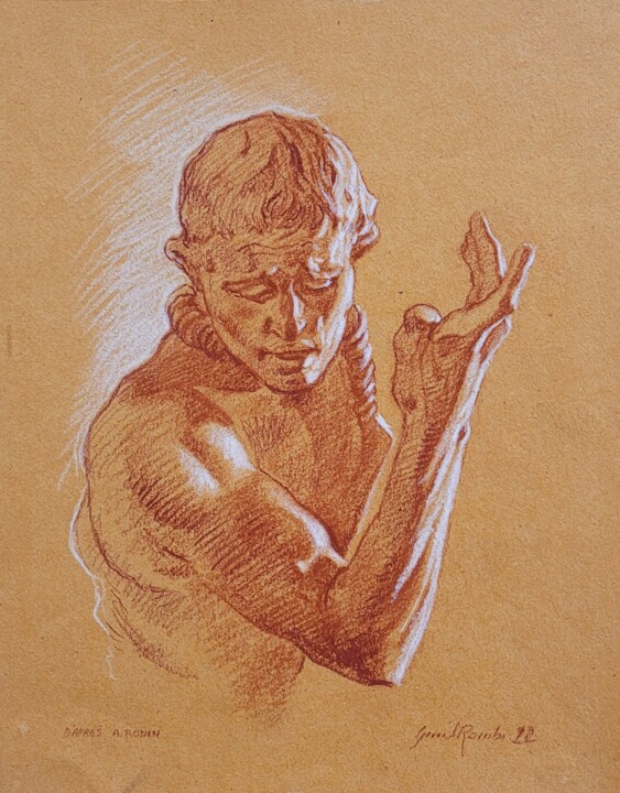 Tekening getiteld "BOURGEOIS DE CALAIS" door Gérard Rombi, Origineel Kunstwerk, Pastel Gemonteerd op Karton