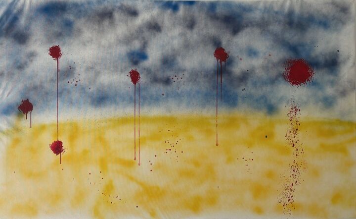 Painting titled "Ukraine, Bombs & Te…" by G. Bartist, Original Artwork, Spray paint Mounted on Wood Stretcher frame