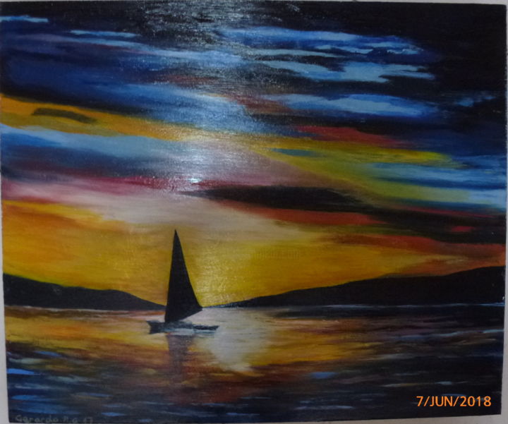 Painting titled "Velero al Atardecer" by Gerardo Rodriguez Granda, Original Artwork, Oil Mounted on Other rigid panel