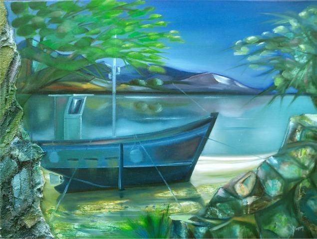 Peinture intitulée "Bateau sur l'Aven" par Gérard Simonin, Œuvre d'art originale