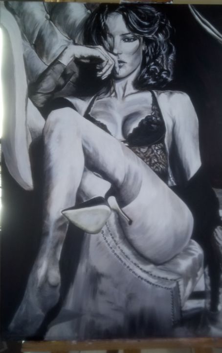 Malerei mit dem Titel "femme au fauteuil" von Gerard Taillefesse, Original-Kunstwerk, Acryl