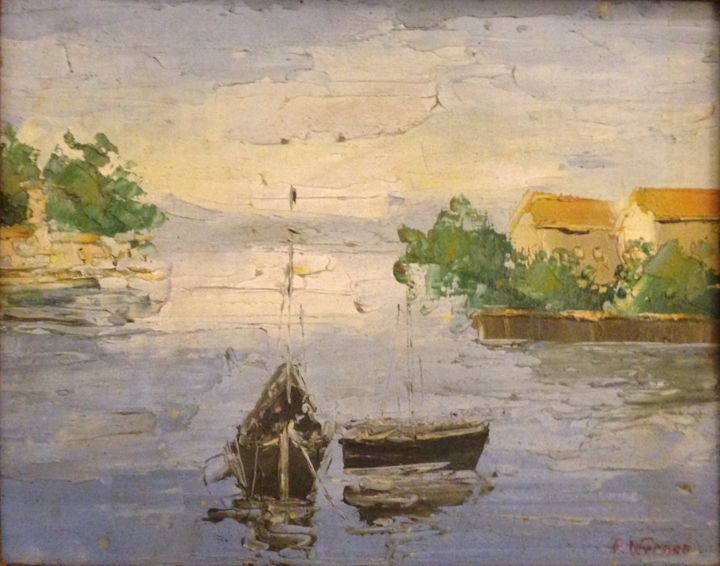 Painting titled "Fishing boats (Seas…" by Unico Art Gallery, Original Artwork, Oil Mounted on Cardboard