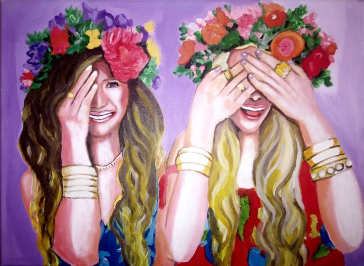 Painting titled "young flower girls" by Jane, Original Artwork, Acrylic