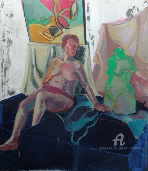 Painting titled "Atelier (nude study)" by Gergana Balabanova, Original Artwork, Acrylic Mounted on Wood Stretcher frame