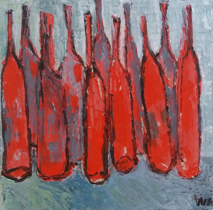 Peinture intitulée "bouteilles de rouge…" par Germain Henneka, Œuvre d'art originale, Acrylique Monté sur Carton