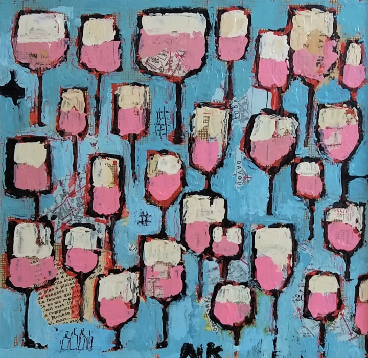 Картина под названием "VERRES DE ROSE SUR…" - Germain Henneka, Подлинное произведение искусства, Акрил Установлен на картон