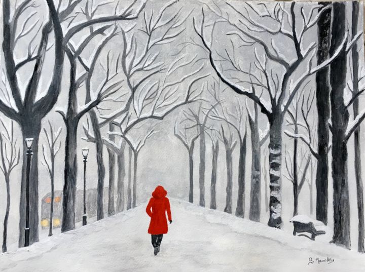 Painting titled "Le manteau rouge" by Germaine Mauclere, Original Artwork, Gouache Mounted on Glass