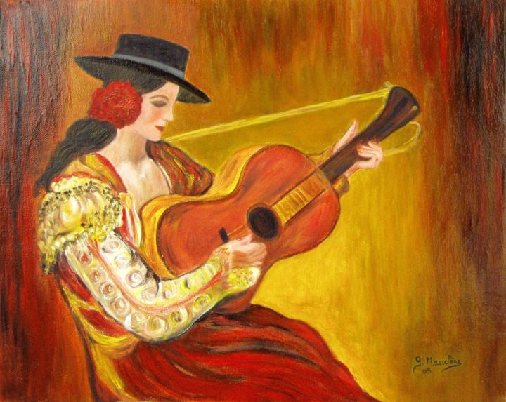 Peinture intitulée "La guitariste" par Germaine Mauclere, Œuvre d'art originale, Huile
