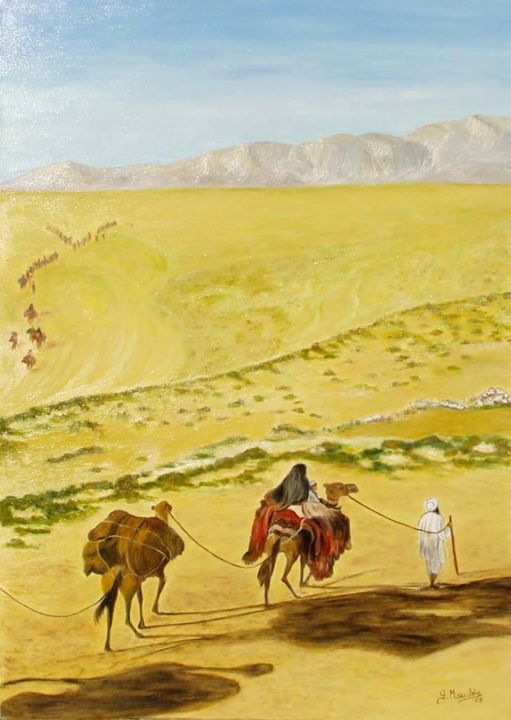 Картина под названием "Caravane-du-desert.…" - Germaine Mauclere, Подлинное произведение искусства, Масло