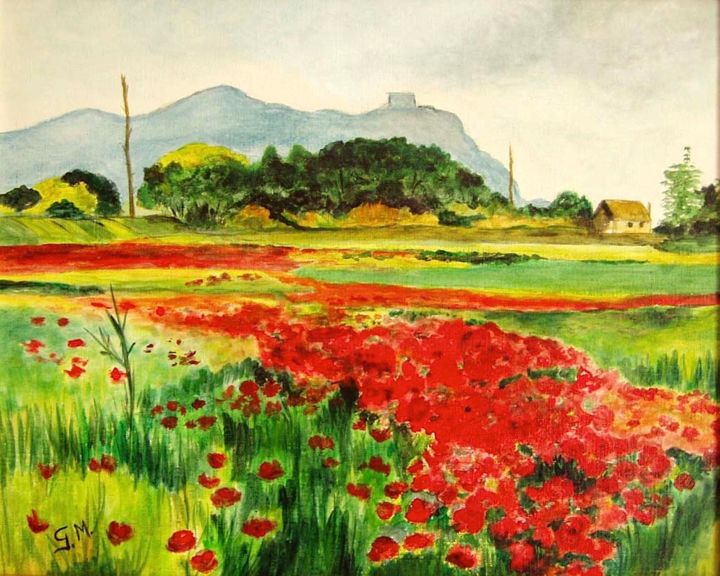 Pintura titulada "Champ-de-coquelicot…" por Germaine Mauclere, Obra de arte original, Acrílico