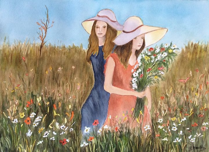 Painting titled "Jeunes filles dans…" by Germaine Mauclere, Original Artwork, Watercolor