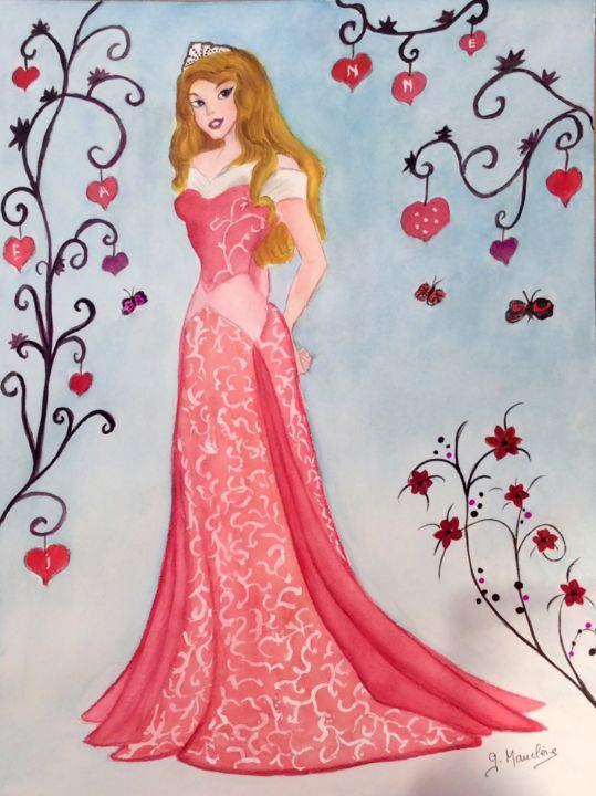 Schilderij getiteld "Princesse et Fleurs…" door Germaine Mauclere, Origineel Kunstwerk, Aquarel