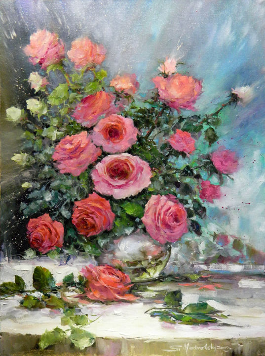 Malerei mit dem Titel "Shine of roses" von German Medvetsky, Original-Kunstwerk, Öl